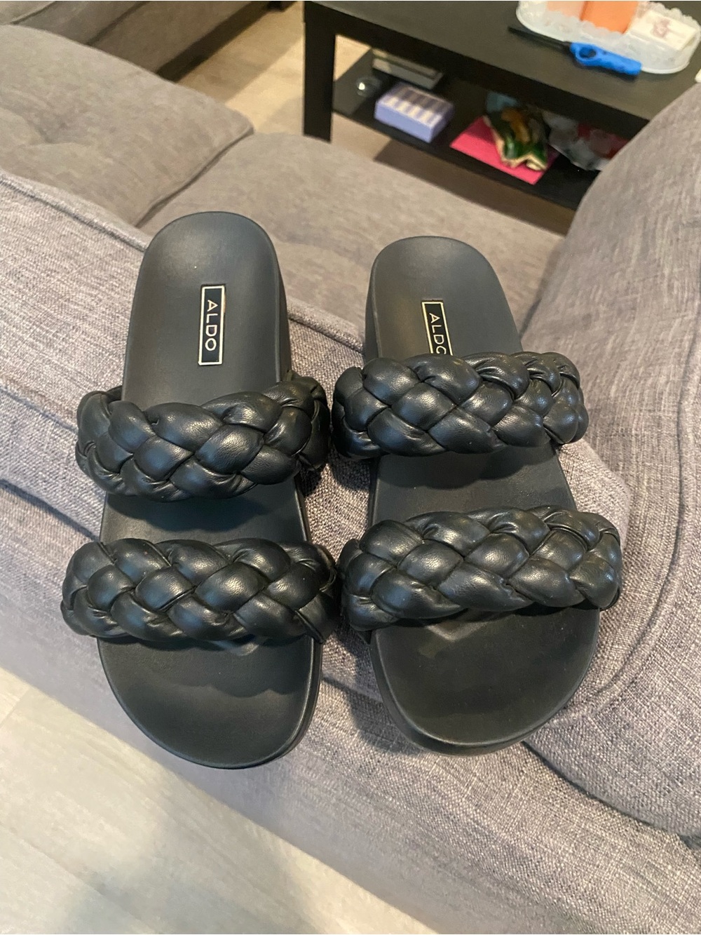 Aldo Black Braided Double-Strap Slide Sandals